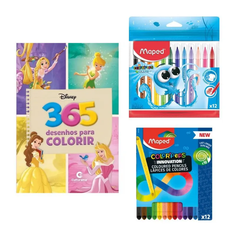 Kit Pintura Com Livro Para Colorir Disney + 12 Lápis de Cor Infinito + 12 Canetinhas Hidrocor