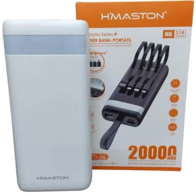 Carregador Power Bank Com Luz Led Turbo 20.000mah YD-06 Branco
