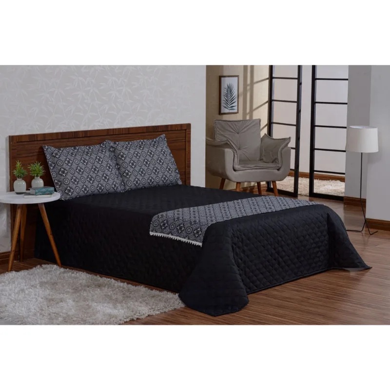Colcha cama casal queen com xale estampado preto 4 peças