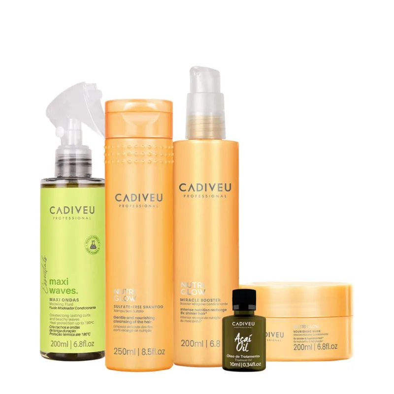 Kit Cadiveu Professional Nutri Glow Shampoo Máscara Maxi Ondas Booster Fluído de Tratamento e Açaí Oil (5 produtos) - Cadiveu - Cabelos