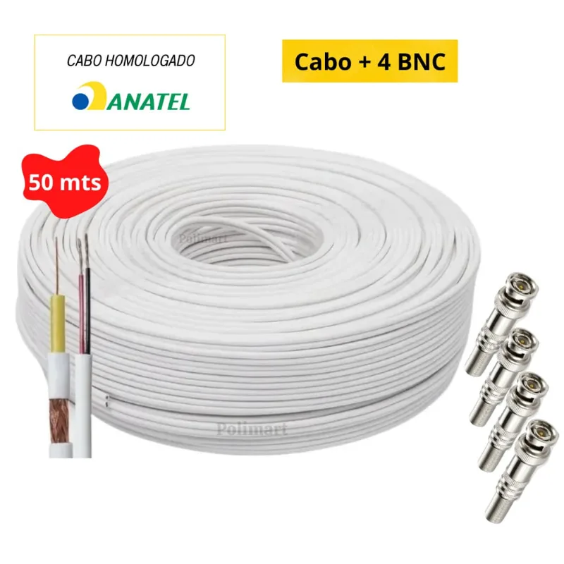 Cabo Coaxial 50M p/ Câmeras Homologado Anatel Com 4 bnc Mola