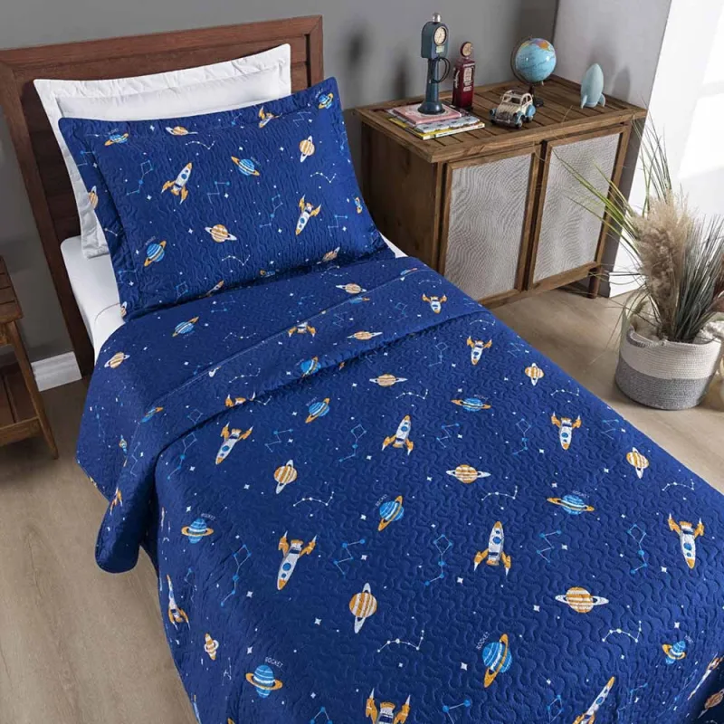 Kit Cobre Leito Colcha Carrosel Infantil Solteiro 2 Peças Microfibra Dupla Face - Azul Galáxia - Clara luz decora - Cama, Mesa E Banho