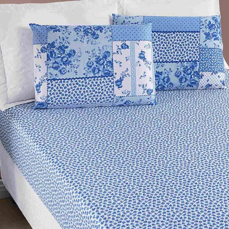Jogo de Lençol Ayla Casal King 3 Peças Microfibra Estampada Floral - Azul Sereno