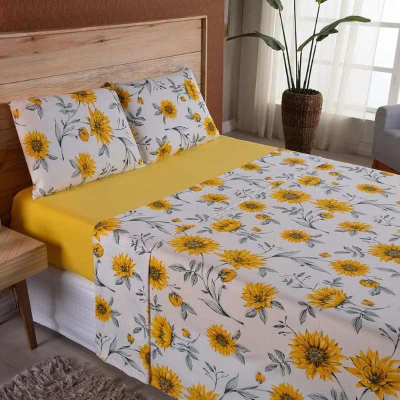 Jogo De Lençol Dallas Soft Casal 4 Peças Malha 100% Algodão - Floral Amarelo