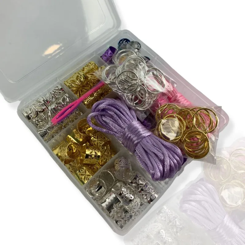 Kit Trancista Com Acessórios Para Tranças Anéis Argolinhas Fio de Cetim Coloridos