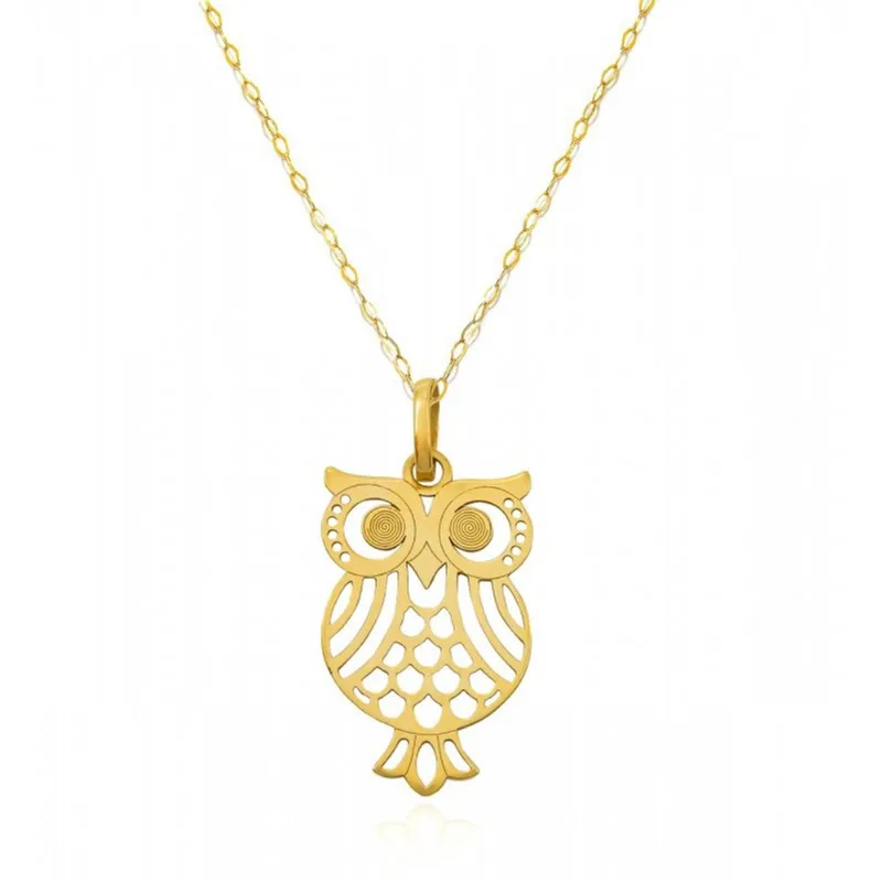 Pingente Coruja Com Corrente Americana Em Ouro 18K
