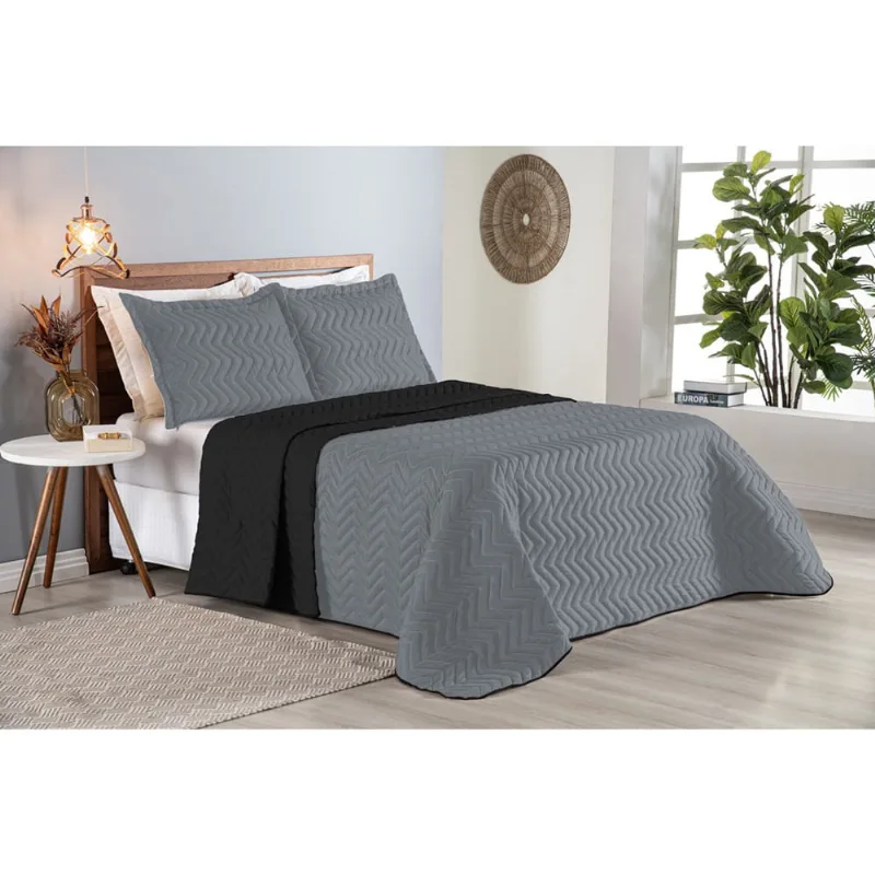 Colcha Cobre Leito Cama de Casal 3 pç Dupla Face Acolchoado Microfibra Cinza e Preto