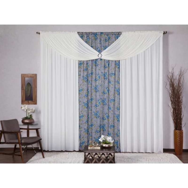 Cortina com Bando Decorativa para Sala Quarto Escritório Malha Gel Luisa 2,00m x 1,70m Estampa 3 Floral Azul e Palha