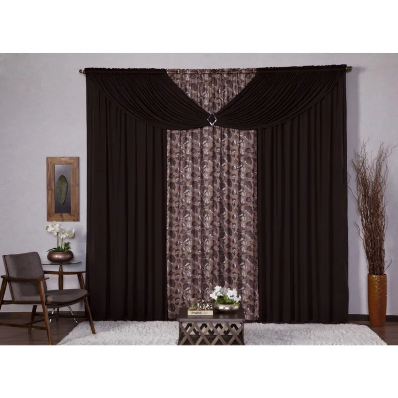 Cortina com Bando Decorativa para Sala Quarto Escritório Malha Gel Luisa 3,00m x 2,80m Estampa 5 Folhagem Tabaco