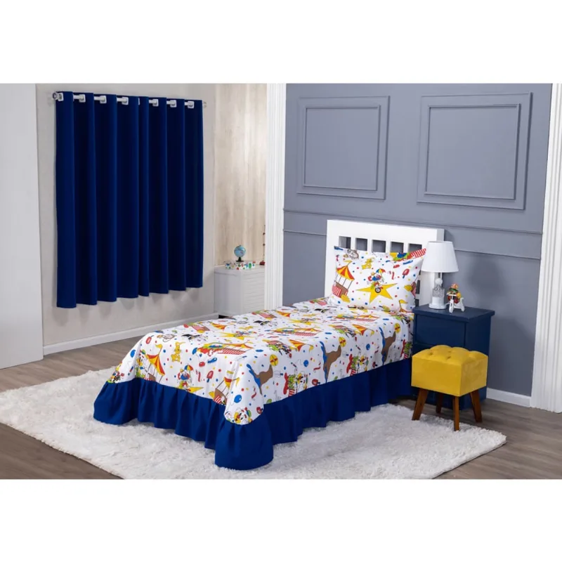 Kit Quarto Infantil Solteiro Menino Colcha Cobre Leito com Babado + Cortina 2m Oxford 3 Pçs Circo Palhaço Azul Colorido