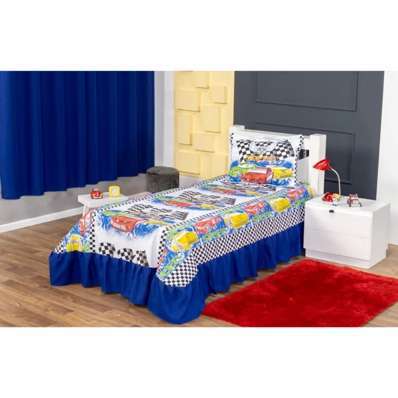 Kit Colcha Cobre Leito com Babado Infantil Solteiro Menina 2 Peças Oxford Estampado Carros Azul Royal Colorido
