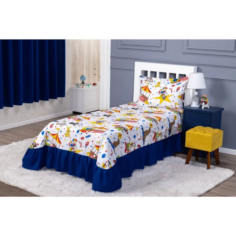 Kit Colcha Cobre Leito com Babado Infantil Solteiro Menina 2 Peças Oxford Estampado Circo Palhaço Azul Colorido