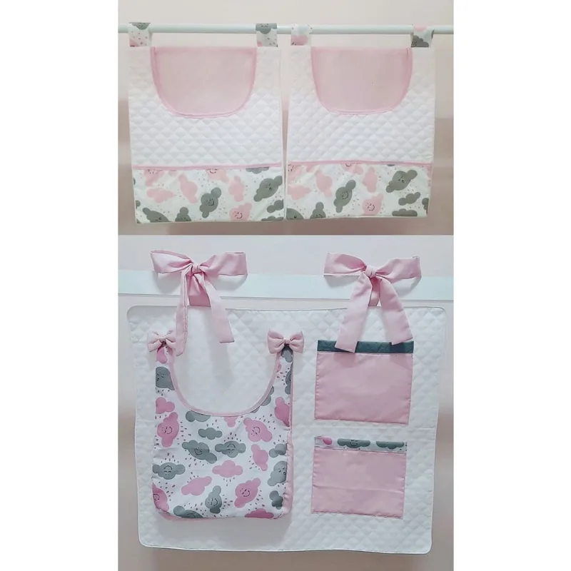 Kit Organizador Quarto de Bebê Porta Fralda Varão Porta Treco de Berço 3 Peças Nuvem Rosa