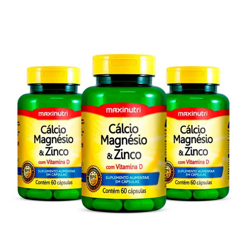 Kit 3 Cálcio Magnésio Zinco Suplemento Mineral 60 Cápsulas