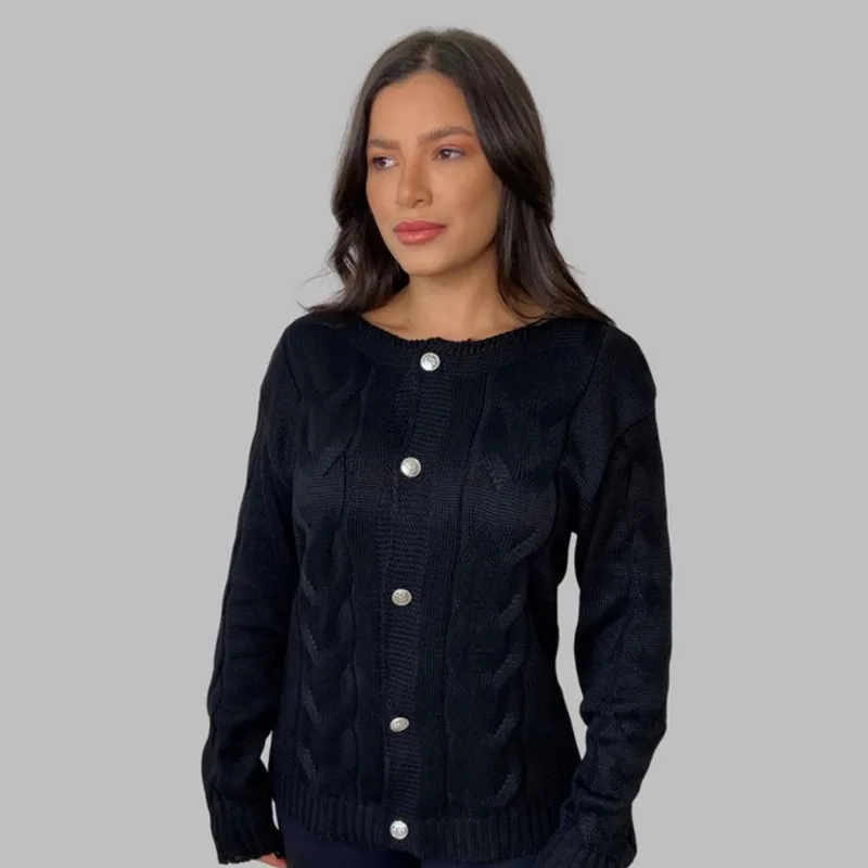 Blusa Cardigã De Botão Lançamento Inverno Tricot Com Gola Redonda