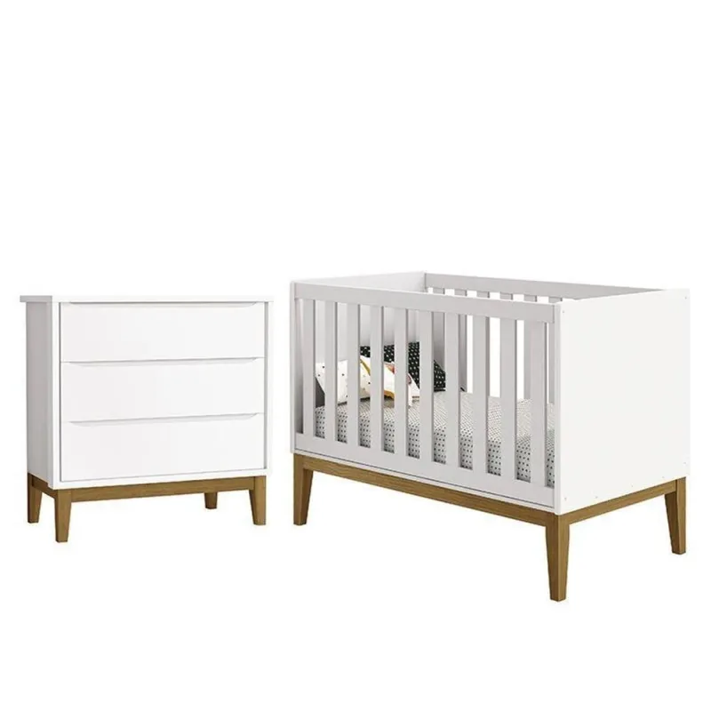 Jogo de Quarto Infantil Cômoda 3 Gavetas e Berço Classic MDF Branco Fosco Reller Móveis - OUTRAS - Agro
