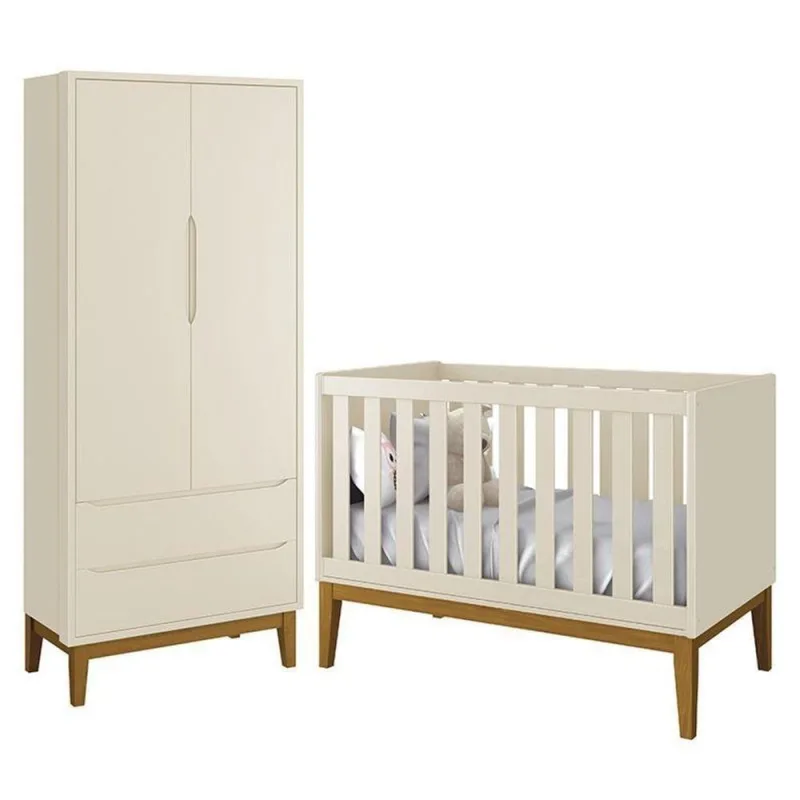 Jogo de Quarto Infantil Guarda Roupa 2 Portas e Berço Classic 2 Gavetas MDF Areia Fosco Reller - OUTRAS - Agro
