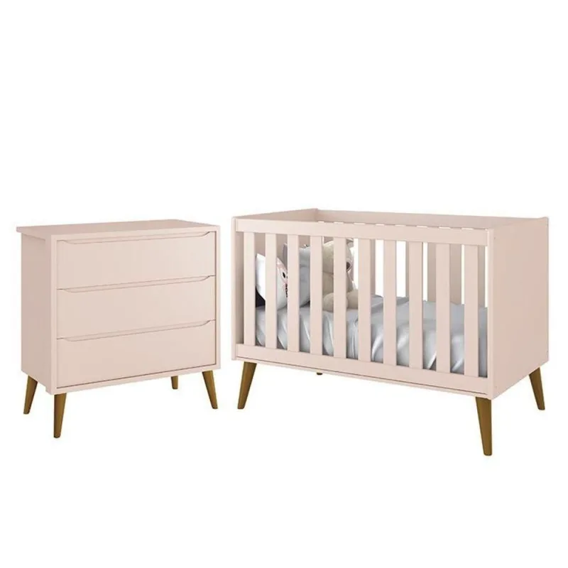 Jogo de Quarto Infantil Cômoda 3 Gavetas e Berço Americano Theo Retrô MDF Rosa Fosco Reller Móveis - OUTRAS - Agro