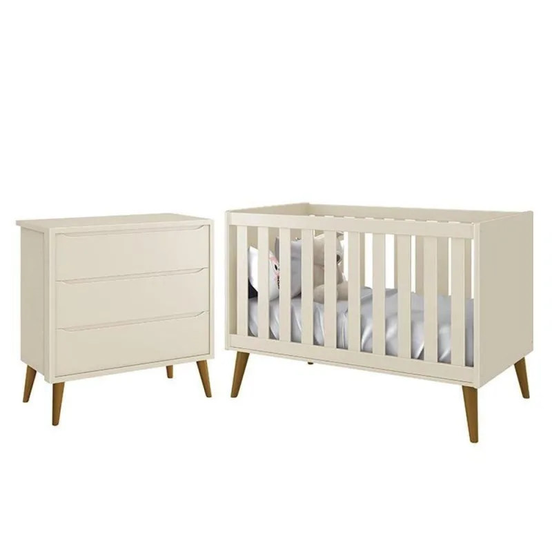 Jogo de Quarto Infantil Cômoda e Berço Americano Theo Retrô MDF Areia Fosco com Pés Amadeirado - OUTRAS - Agro