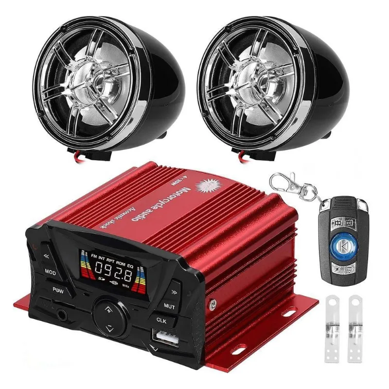 Caixa De Som Moto Alarme Bluetooth Audio Mp3 Usb Cartao Sd Controle Remoto Radio Fm Am - OUTRAS - áudio