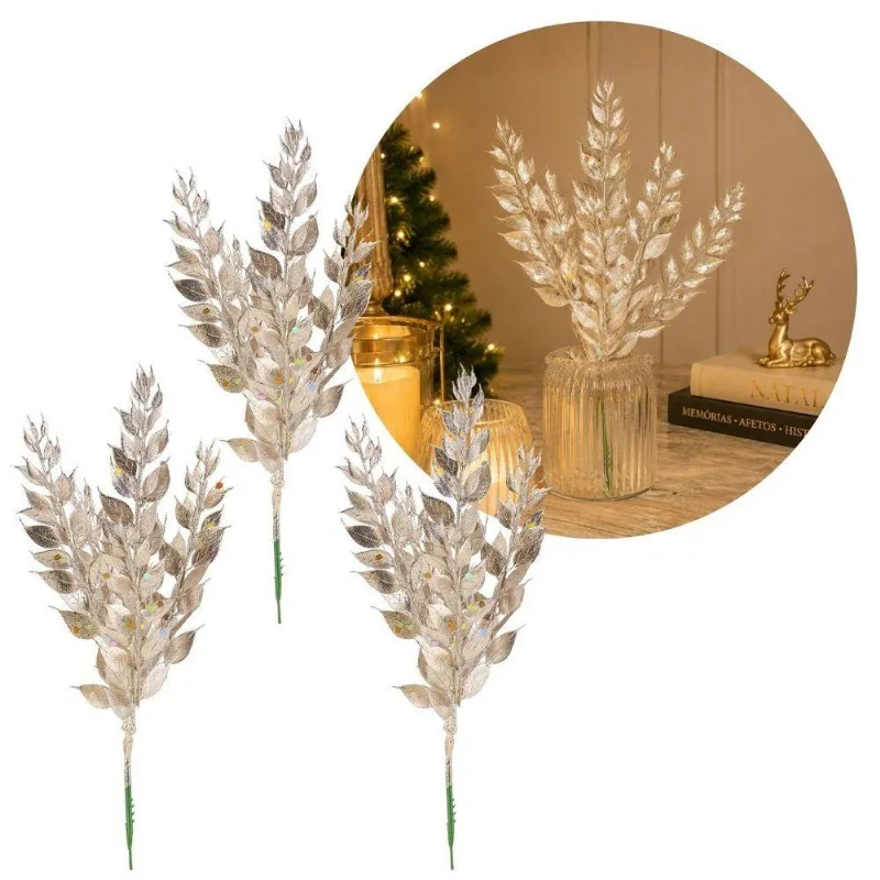 Galho Pick Natal Multi Folhas Champanhe Fosco Com Design Exclusivo Yangzi 3 Unidades