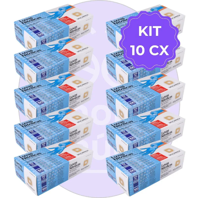 Kit 10 Luva Descartável Nitrílica Sem Pó Azul M Descarpack