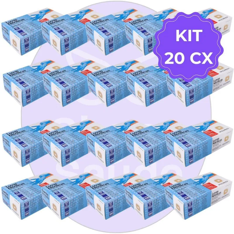 Kit 20 Luva Descartável Nitrílica Sem Pó Azul M Descarpack