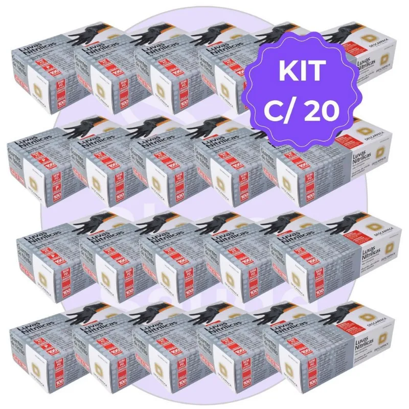 Kit 20 Luva Descartável Nitrílica Sem Pó Preta G Descarpack