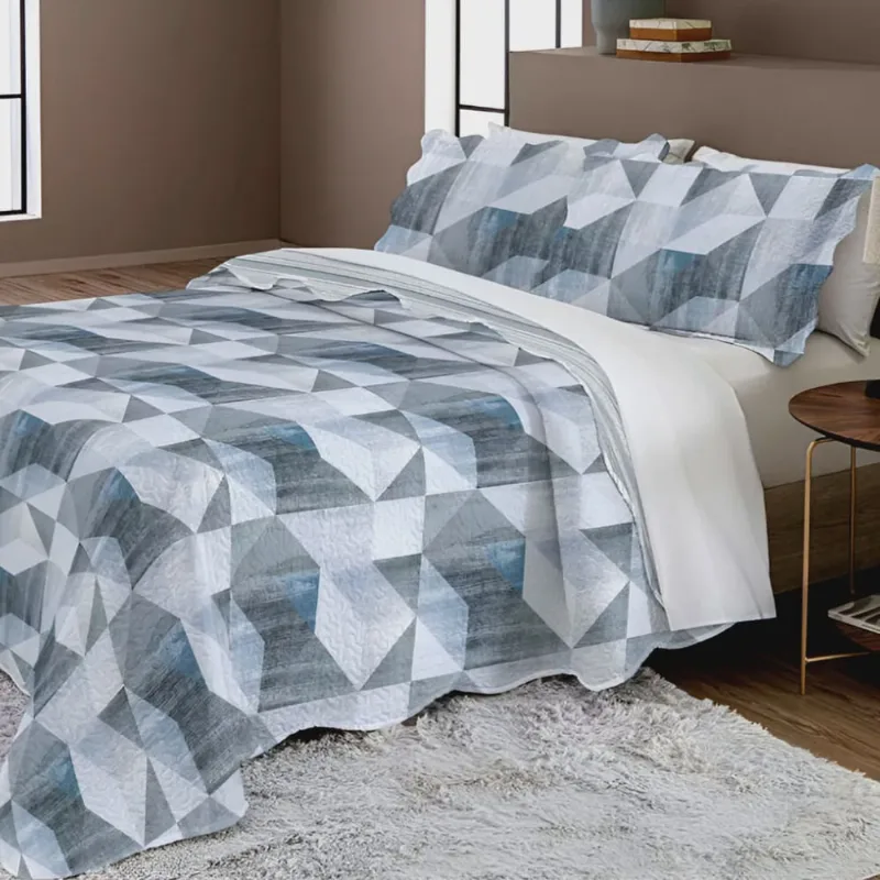 Colcha Patchwork - Casal - Evolution - Dupla Face - c/ Porta Travesseiro - Camesa Cor: Cinza