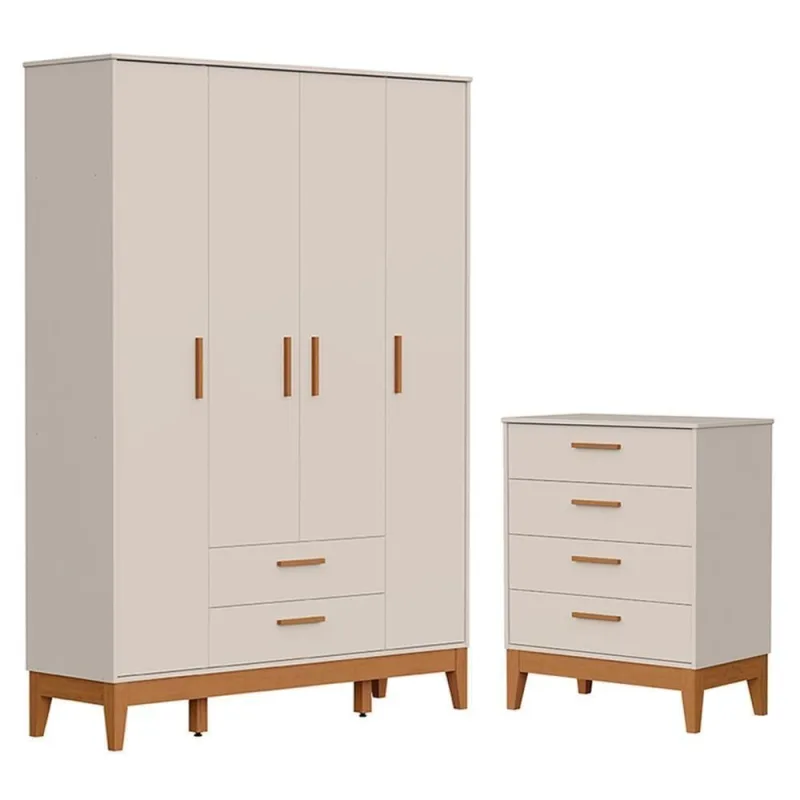Jogo de Quarto Infantil Flip Guarda Roupa 4 Portas Cômoda 4 Gavetas MDF Areia Fosco Reller Móveis - OUTRAS - Agro