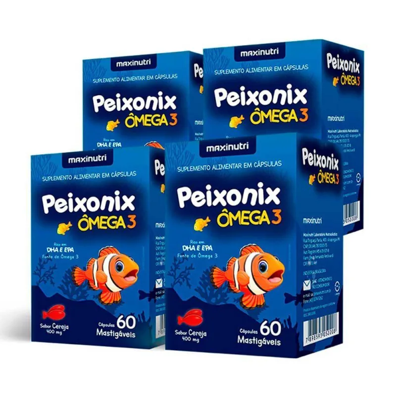 Kit 04 Peixonix ômega 3 Mastigável Maxinutri Cereja 60 Caps - MAXINUTRI - Saúde