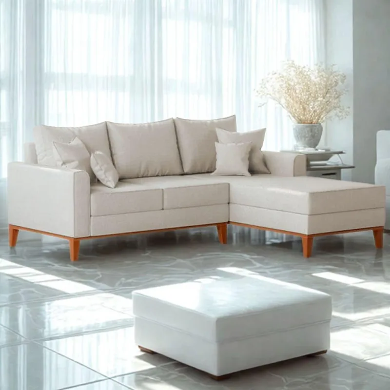 Sofá 3 Lugares Beny Com Chaise Direito Linho Bege - OUTRAS - Móveis