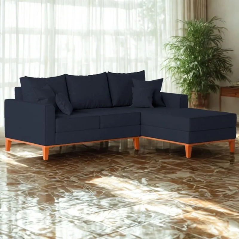 Sofá 3 Lugares Beny Com Chaise Direito Linho Azul - OUTRAS - Agro