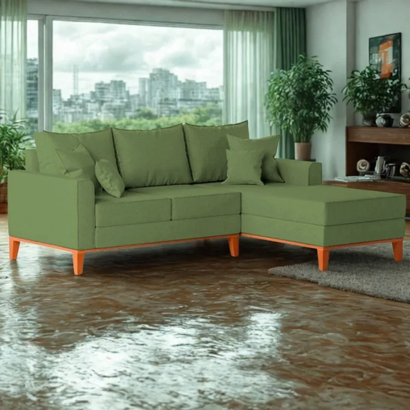 Sofá 3 Lugares Beny Com Chaise Direito Linho Verde Oliva - OUTRAS - Móveis