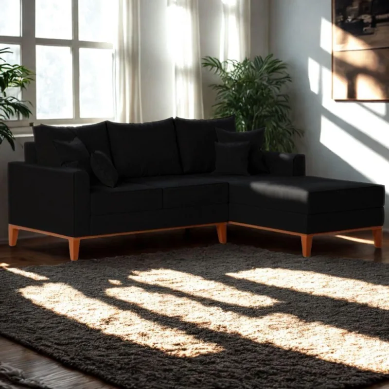 Sofá 3 Lugares Beny Com Chaise Direito Suede Preto - OUTRAS - Móveis