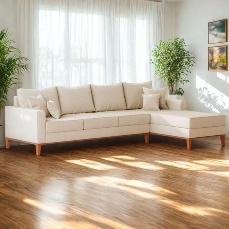 Sofá 4 Lugares Beny Com Chaise Direito Linho Bege - OUTRAS - Móveis