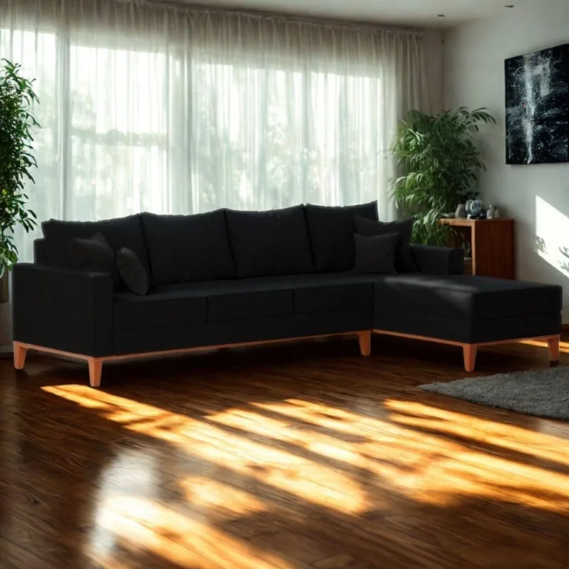 Sofá 4 Lugares Beny Com Chaise Direito Linho Preto - OUTRAS - Móveis