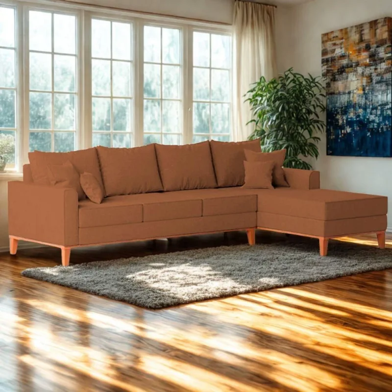 Sofá 4 Lugares Beny Com Chaise Direito Linho Terracota - OUTRAS - Móveis