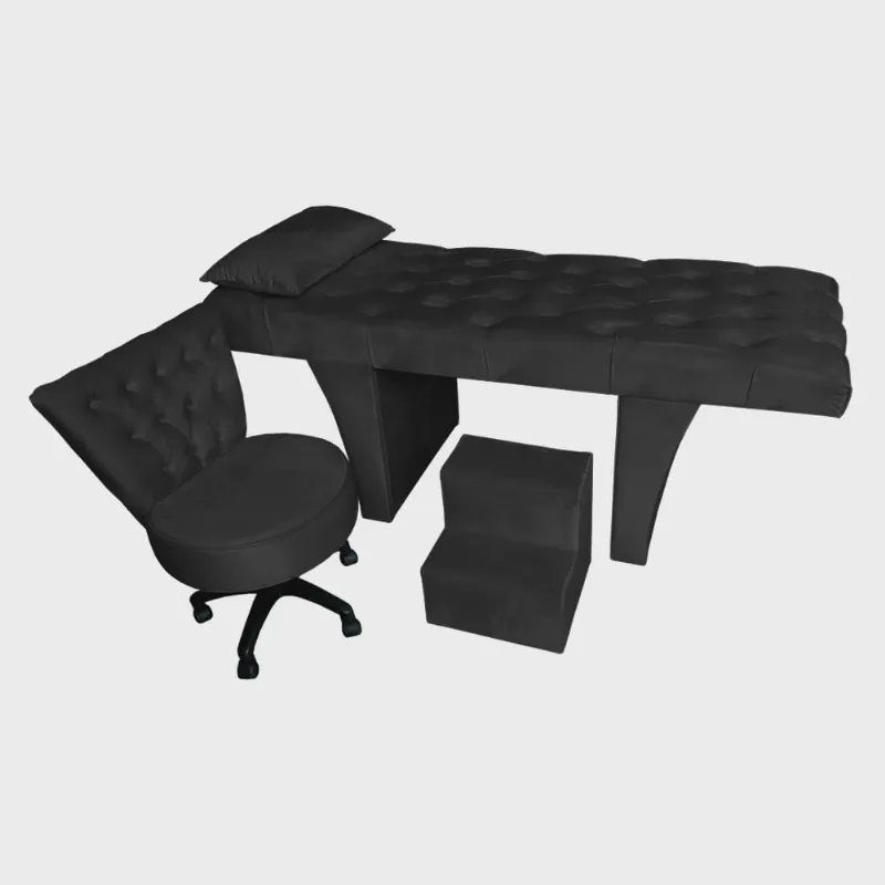 Kit Maca Estética Capitonê Com Mocho e Escadinha 80 Cm Preto