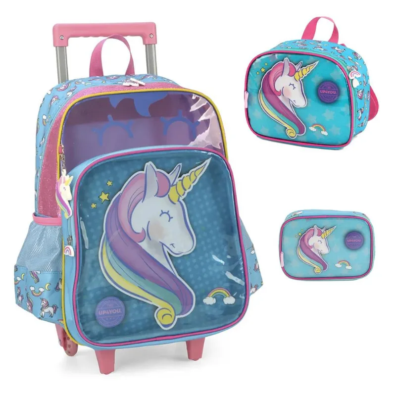 Kit Mochila Rodas Lancheira Estojo Luxcel Up4You Unicónio Único
