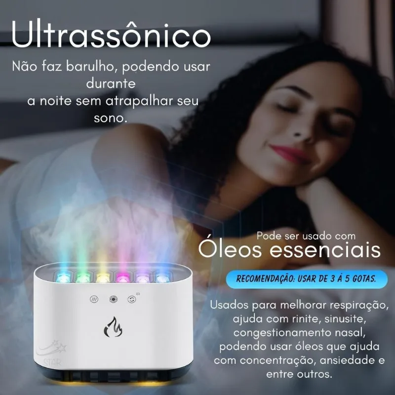 Umidificador Com Luz Chama 7 Cores Tecnologia Ultrassônica