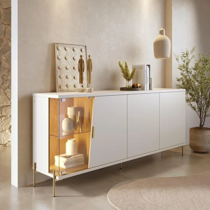 Buffet Aparador Sena Moderno 4 Portas sem Gavetas MDF-MDP 179CM Off White Matte-Freijó Colibri - colibri móveis - Móveis