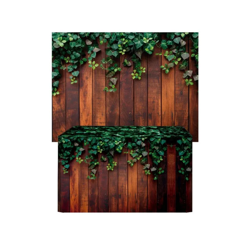 Kit Painel Retangular + Capa Mesa Madeira E Folhas Em Tecido