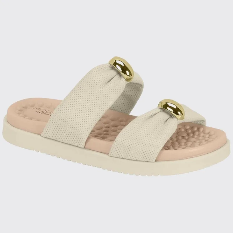 Sandália Feminino Papete Conforto Tiras Botton Ouro Modare 7178.122.29961 - Branco Off - 34