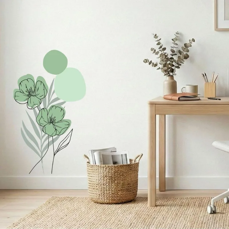 Adesivo Floral Boho Verde Estilo Nórdico 50x90 Minimalista Abstrato