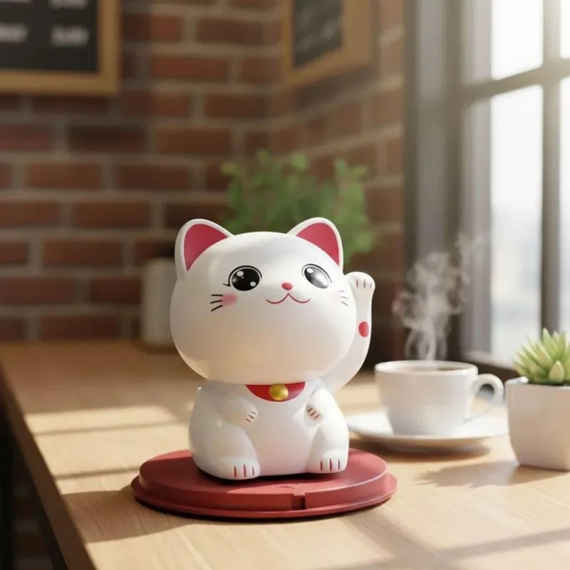 Decoração Maneki Gato Sorte Mexe Cabeça Luz Solar Branco Jiaxi 9CM Plástico - jiaxi - Agro