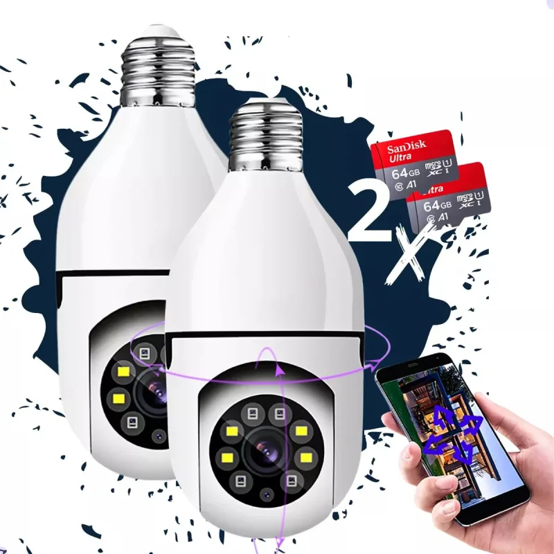 Kit 2 Camera Lampada Segurança Wifi + Cartão De Memória 64gb - Ip - Câmeras E Drones
