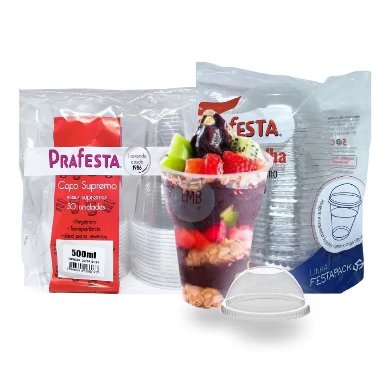 30 Copos De 500Ml Com Tampa Bolha Prafesta Descartável.