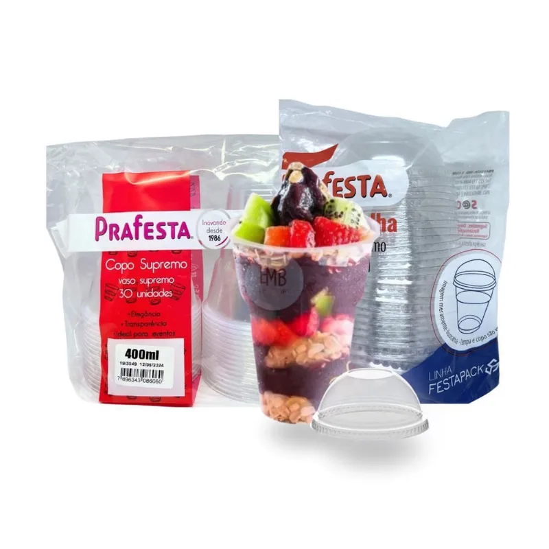 Kit 30 Copo Descartável 400Ml Prafesta, Tampa Bolha Premium