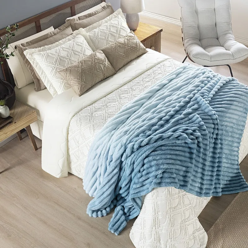 Coordenado Cobre Leito e Cobertor Fluflu Queen Ultrasoft Alto Relevo Dupla Face - Azul - 100% Poliéster